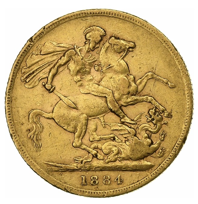 ヤングヴィクトリア・ソブリン金貨 セントジョージ竜退治裏面(1884年)